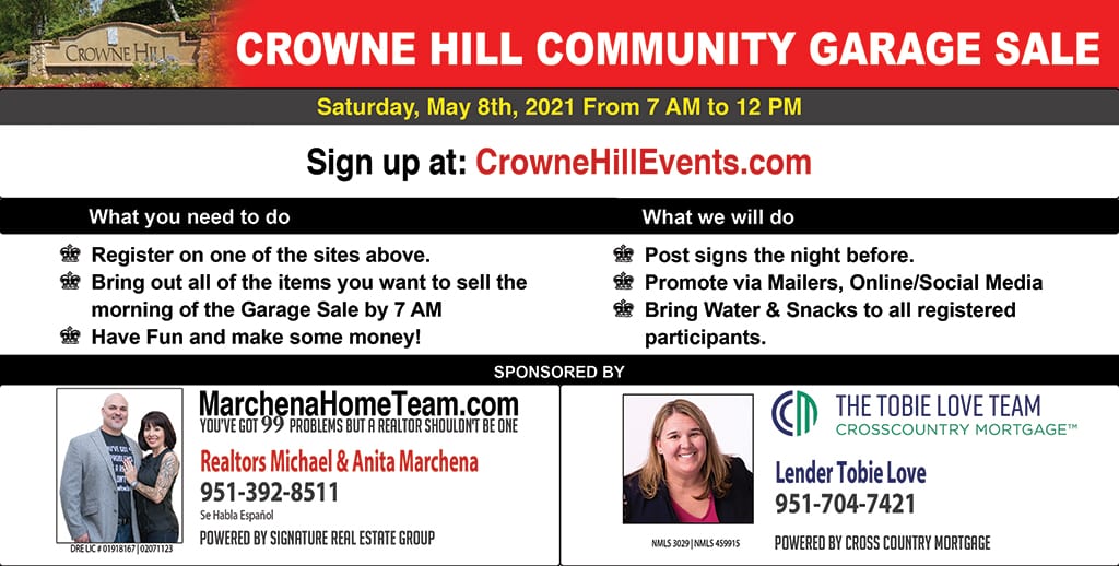 Crowne Hill Community Garage Sale 05/08/2021 7am to 12pm Realtors